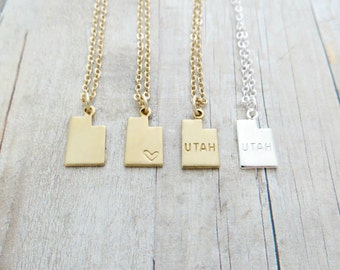 Utah Necklace Utah State Charm Necklace Personalized in Gold or Silver (Sterling Silver, 14k Gold Filled, Brass, Silver Plated)