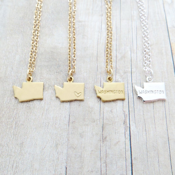 Washington Necklace Washington State Charm Necklace Personalized in Gold or Silver (Sterling Silver, 14k Gold Filled, Brass, Silver Plated)