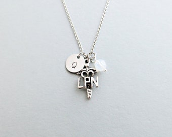 LPN Necklace with Personalized Initial, Silver LPN Charm, and Custom Bead (Lpn Initial Necklace, Lpn Charm Necklace)