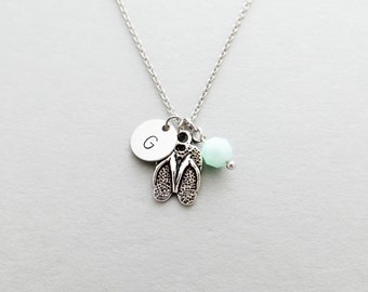 Flip Flop Necklace with Personalized Initial, Silver Flip Flop Charm, and Custom Bead (Initial Necklace, Flipflops Charm Necklace)