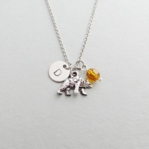 Bear Necklace with Personalized Initial, Silver Bear Charm, and Custom Bead (Bear Initial Necklace, Bear Charm Necklace)