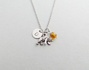 Bear Necklace with Personalized Initial, Silver Bear Charm, and Custom Bead (Bear Initial Necklace, Bear Charm Necklace)