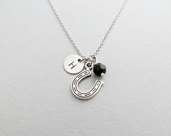 Horseshoe Necklace with Personalized Initial, Silver Horseshoe Charm, and Custom Bead (Horseshoe Initial Necklace, Horseshoe Charm Necklace)