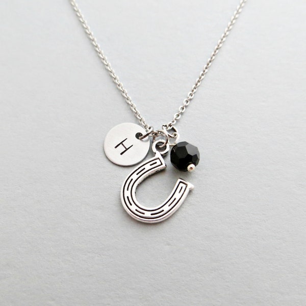 Horseshoe Necklace with Personalized Initial, Silver Horseshoe Charm, and Custom Bead (Horseshoe Initial Necklace, Horseshoe Charm Necklace)