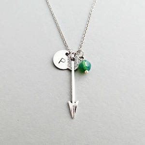 Arrow Necklace with Personalized Initial, Silver Arrow Charm, and Custom Bead (Initial Arrow Necklace, Charm Necklace)