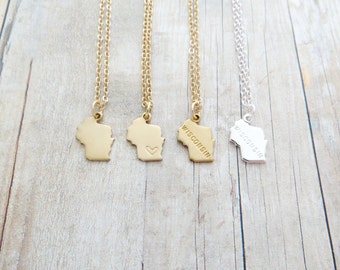 Wisconsin Necklace Wisconsin State Charm Necklace Personalized in Gold or Silver (Sterling Silver, 14k Gold Filled, Brass, Silver Plated)