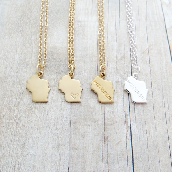 Wisconsin Necklace Wisconsin State Charm Necklace Personalized in Gold or Silver (Sterling Silver, 14k Gold Filled, Brass, Silver Plated)