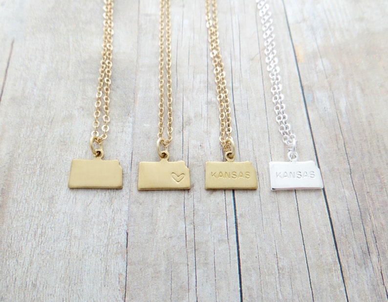 Kansas Necklace Kansas State Charm Necklace Personalized in Gold or Silver Sterling Silver, 14k Gold Filled, Brass, Silver Plated image 1