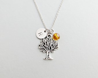 Tree Necklace with Personalized Initial, Silver Tree Charm, and Custom Bead (Tree Initial Necklace, Tree Charm Necklace)