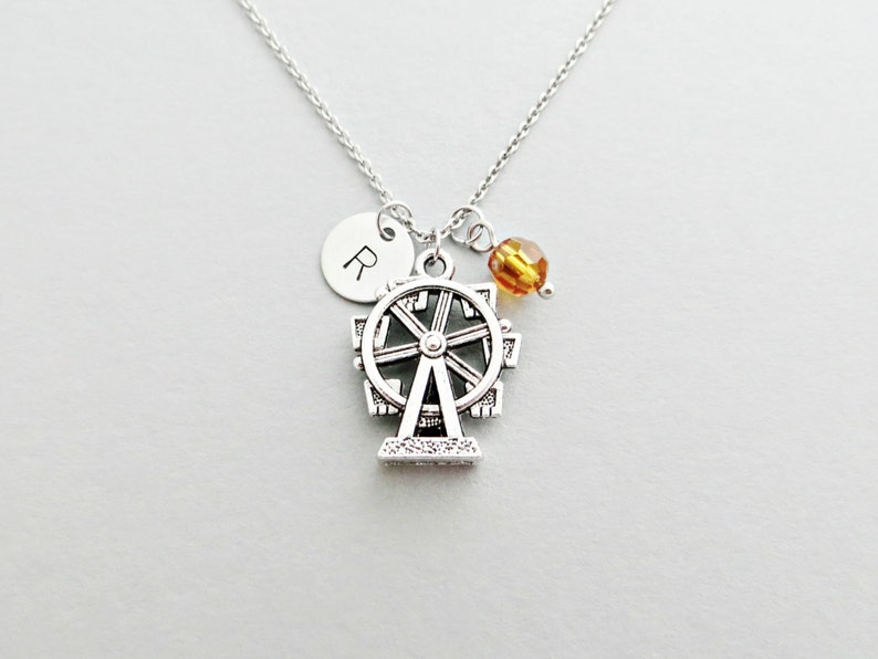 Ferris Wheel Necklace with Personalized Initial, Silver Ferris Wheel Charm, and Custom Bead Initial Necklace, Charm Necklace image 1