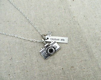 Capture Life Necklace with Camera Charm and Custom Bead (Charm Necklace, Hand Stamped Necklace, Camera Necklace, Photography Necklace)