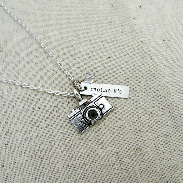 Capture Life Necklace with Camera Charm and Custom Bead (Charm Necklace, Hand Stamped Necklace, Camera Necklace, Photography Necklace)