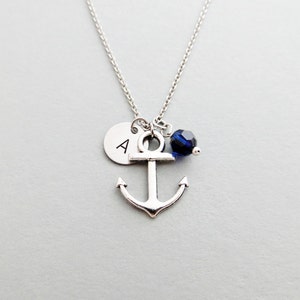 Anchor Necklace with Personalized Initial, Silver Anchor Charm, and Custom Bead (Anchor Initial Necklace, Anchor Charm Necklace)