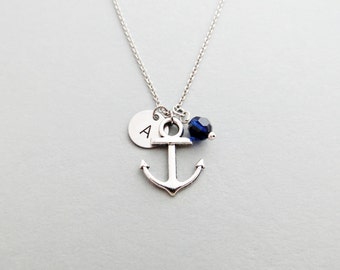 Anchor Necklace with Personalized Initial, Silver Anchor Charm, and Custom Bead (Anchor Initial Necklace, Anchor Charm Necklace)