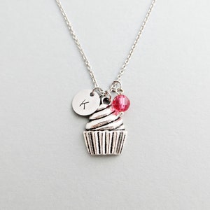 Cupcake Necklace with Personalized Initial, Silver Cupcake Charm, and Custom Bead (Cupcake Initial Necklace, Cupcake Charm Necklace)
