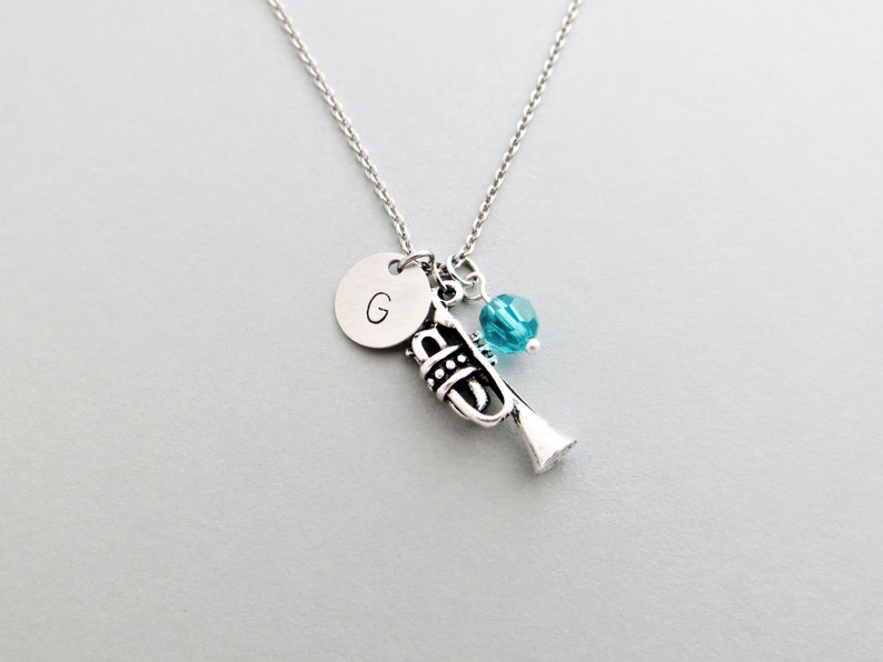 Trumpet Necklace with Personalized Initial Trumpet Initial Necklace, Trumpet Charm Necklace and Custom Bead Silver Trumpet Charm