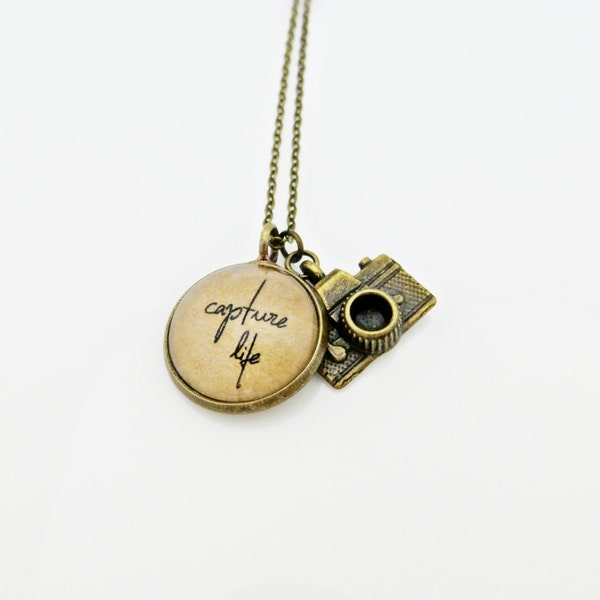 Capture Life Necklace with Camera Charm (Pendant Necklace, Quote Necklace, Inspirational Necklace, Personalized, Handcrafted, Brass, Silver)