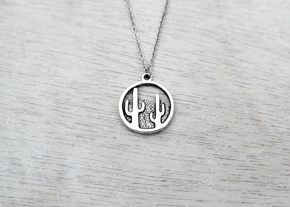 Cactus Necklace With Round Silver Cactus Charm (desert Necklace