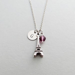 Eiffel Tower Necklace with Personalized Initial, Silver Eiffel Tower Charm, and Custom Bead (Eiffel Tower Initial Necklace)