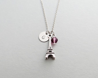 Eiffel Tower Necklace with Personalized Initial, Silver Eiffel Tower Charm, and Custom Bead (Eiffel Tower Initial Necklace)