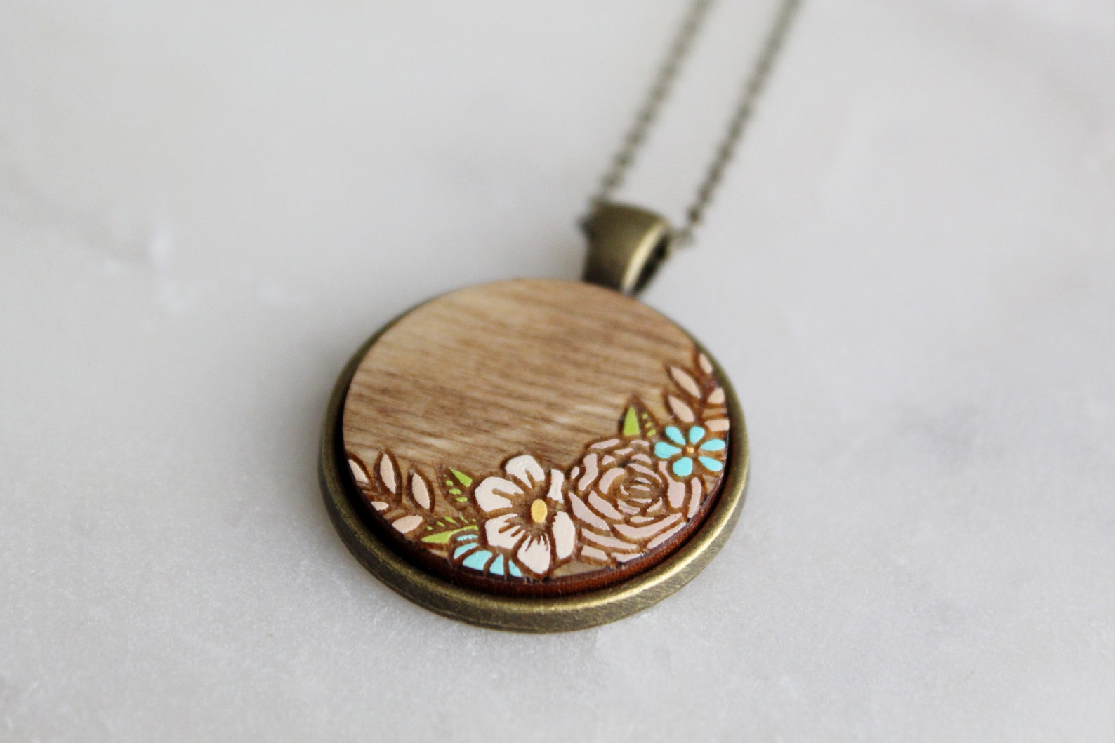 Blue - Floral Handpainted Wooden Necklace Set