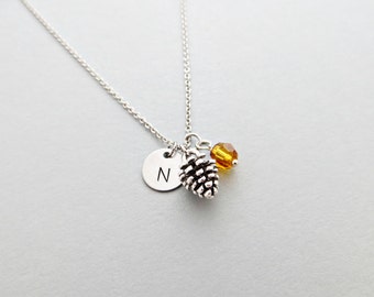 Pinecone Necklace with Personalized Initial, Silver Pinecone Charm, and Custom Bead (Pinecone Initial Necklace, Charm Necklace)