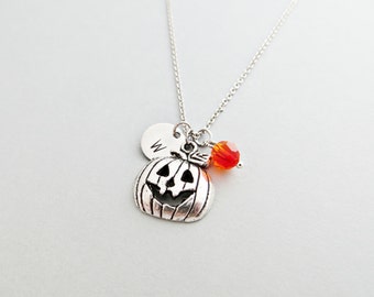 Pumpkin Necklace with Personalized Initial, Silver Pumpkin Charm, and Custom Bead (Pumpkin Initial Necklace, Pumpkin Charm Necklace)