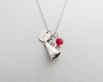 Megaphone Necklace with Personalized Initial, Silver Megaphone Charm, and Custom Bead (Cheerleading Necklace, Charm Necklace)