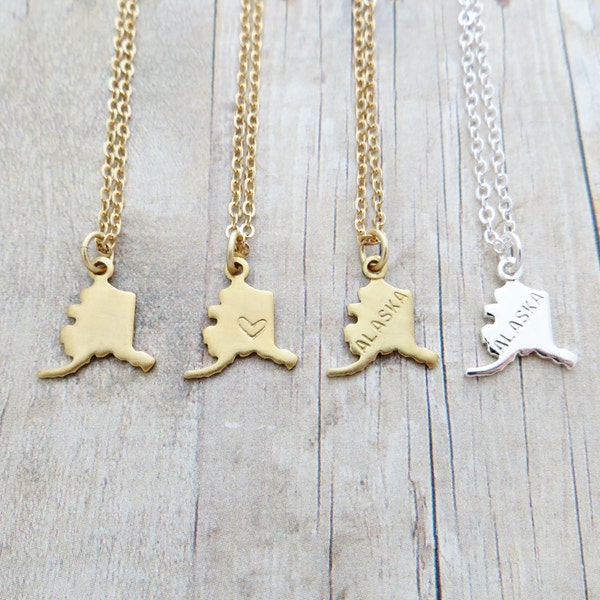 Alaska Necklace Alaska State Charm Necklace Personalized in Gold or Silver (Sterling Silver, 14k Gold Filled, Brass, Silver Plated)