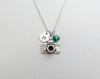 Camera Necklace with Personalized Initial, Silver Camera Charm, and Custom Bead (Camera Initial Necklace, Camera Charm Necklace)