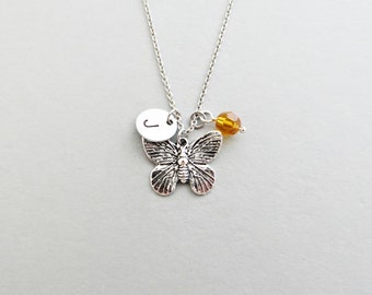 Butterfly Necklace with Personalized Initial, Silver Butterfly Charm, and Custom Bead (Butterfly Initial Necklace, Charm Necklace)