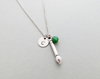 Paintbrush Necklace with Personalized Initial, Silver Paintbrush Charm, and Custom Bead (Paintbrush Initial Necklace, Charm Necklace)