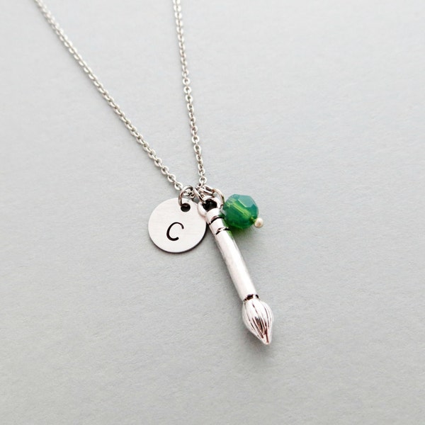 Paintbrush Necklace with Personalized Initial, Silver Paintbrush Charm, and Custom Bead (Paintbrush Initial Necklace, Charm Necklace)