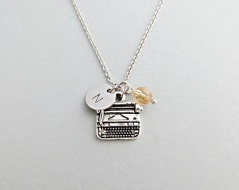 Typewriter Necklace with Personalized Initial, Silver Typewriter Charm, and Custom Bead (Typewriter Initial Necklace, Charm Necklace)