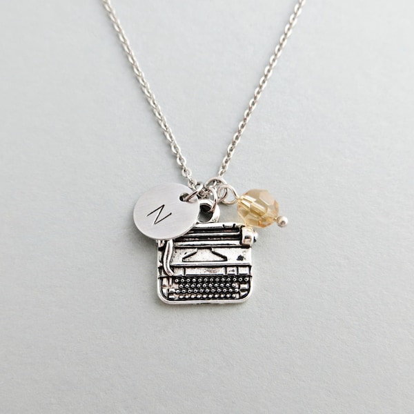 Typewriter Necklace with Personalized Initial, Silver Typewriter Charm, and Custom Bead (Typewriter Initial Necklace, Charm Necklace)