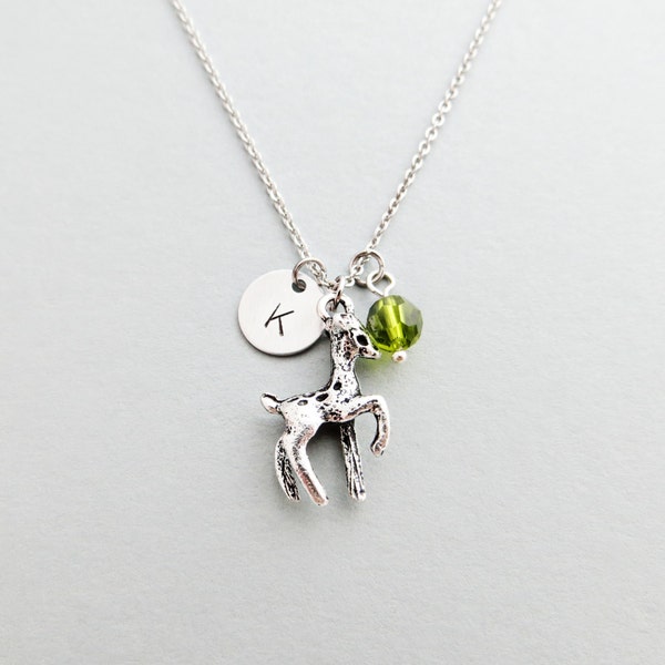 Deer Necklace with Personalized Initial, Silver Deer Charm, and Custom Bead (Deer Initial Necklace, Deer Charm Necklace, Doe Necklace)