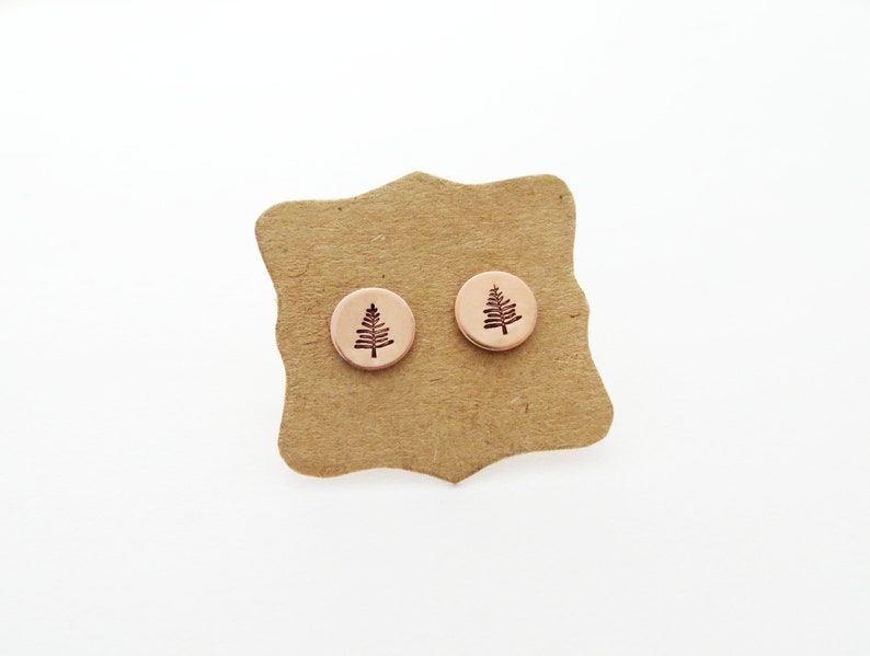 Tree Earrings Hand Stamped with Stainless Steel Stud Post Choose Your Color Pine Tree Earrings, Post Earrings, Silver or Rose Gold image 1