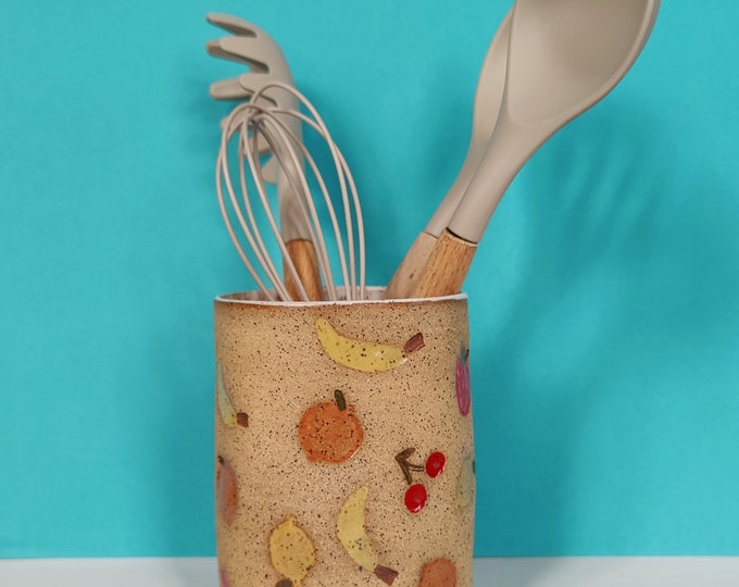 Handmade Ceramic Kitchen Utensil Holder in All Fruits // Strawberry Banana Orange Lemon Cherry