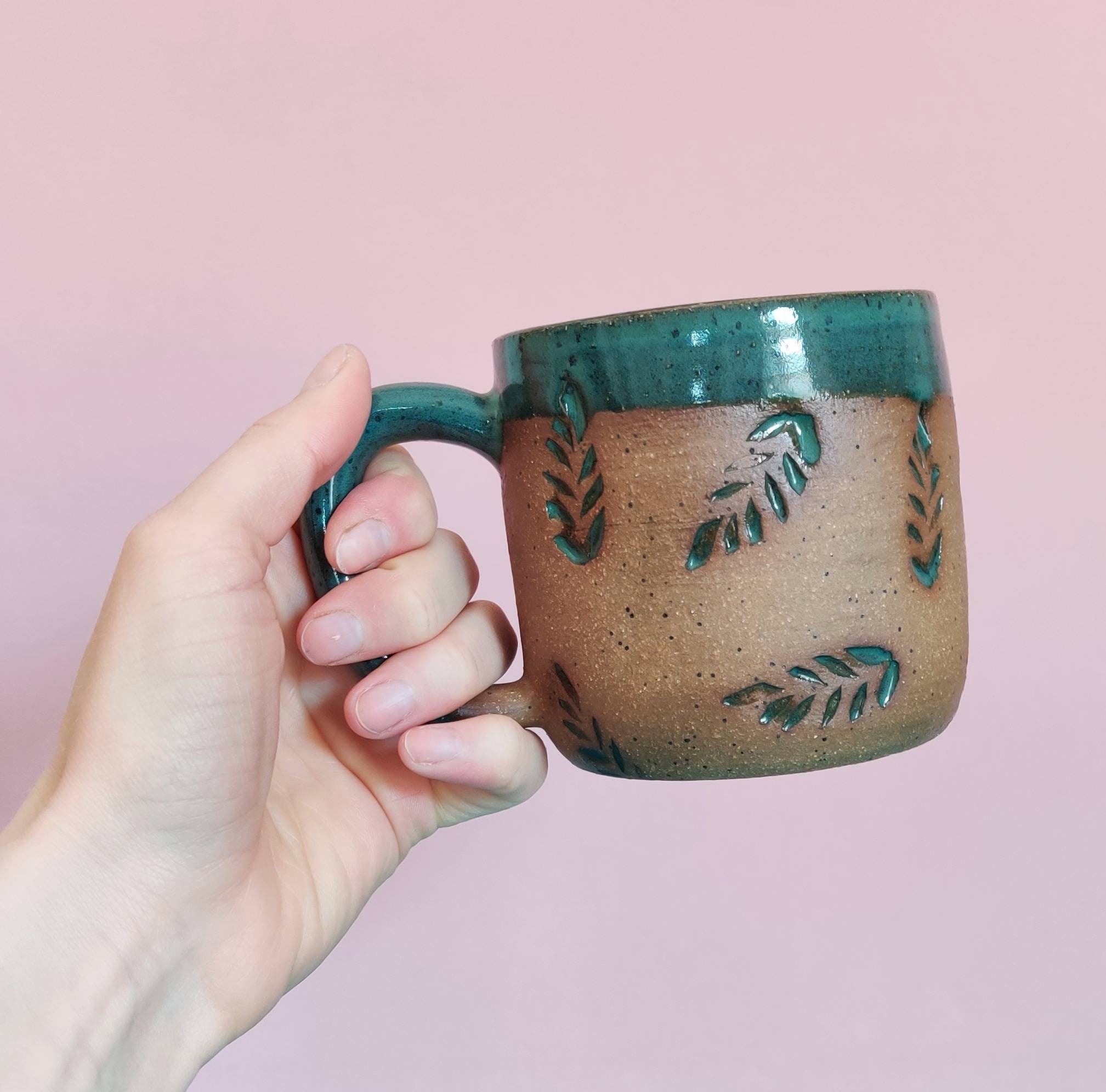 Mug en Céramique Estampée Faite à La Main Fougère Verte