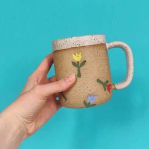 Handmade Ceramic Mug in Multicolored Tulip Stamp// Tulip Mug