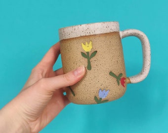 Handmade Ceramic Mug in Multicolored Tulip Stamp// Tulip Mug