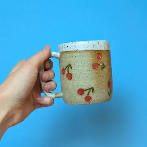 Handmade Speckled Ceramic Mug with Cherry Stamp