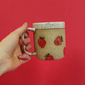 Handmade Ceramic Strawberry Mug: Speckled Clay with Glossy Strawberry Stamps