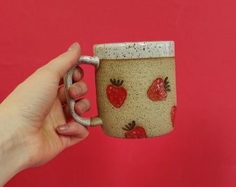 Handmade Ceramic Strawberry Mug: Speckled Clay with Glossy Strawberry Stamps