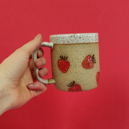 Handmade Ceramic Strawberry Mug: Speckled Clay with Glossy Strawberry Stamps