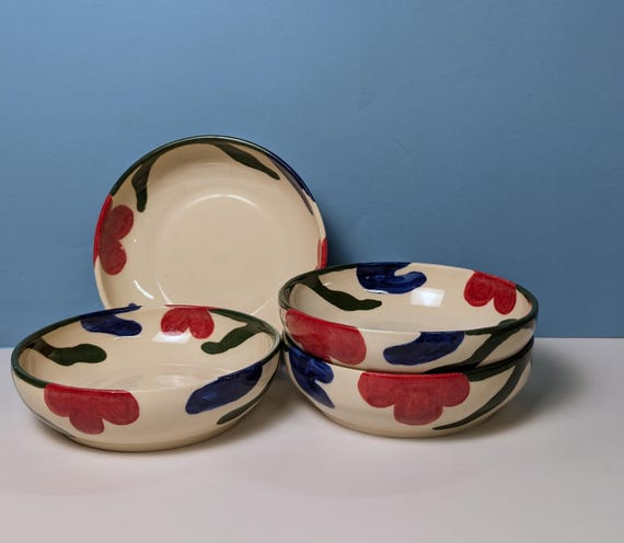Handmade Ceramic Bowl Set of 4 in Red and Blue Abstract Floral