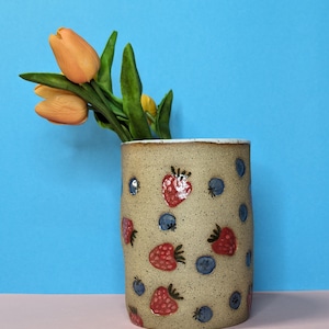 Handmade Ceramic Utensil Holder in Strawberry and Blueberry Stamp // Strawberry Blueberry Vase