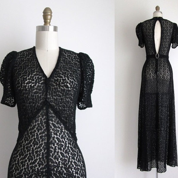 1930s Party Dress / Vintage 1930s Dress / Black Lace Formal Dress 28" Waist