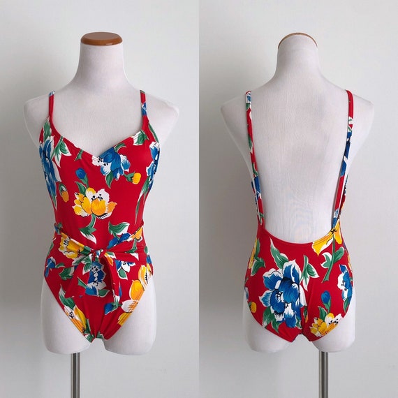 Vintage 90s One Piece Swimsuit / Vintage 90s Red Flor… Gem