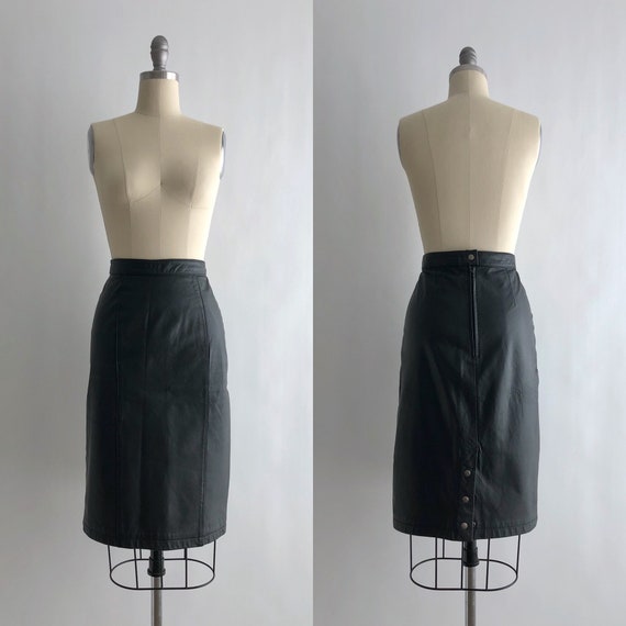 Vintage 80s Leather Skirt / Vintage 80s Black Lea… - image 1